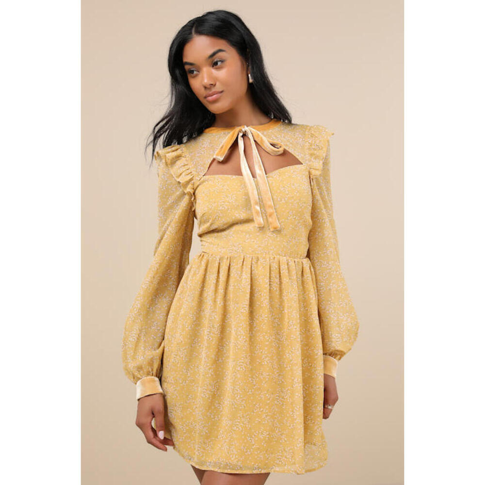 Lulus Posh Impression Yellow Floral Print Tie Neck Mini Dress - Size XL